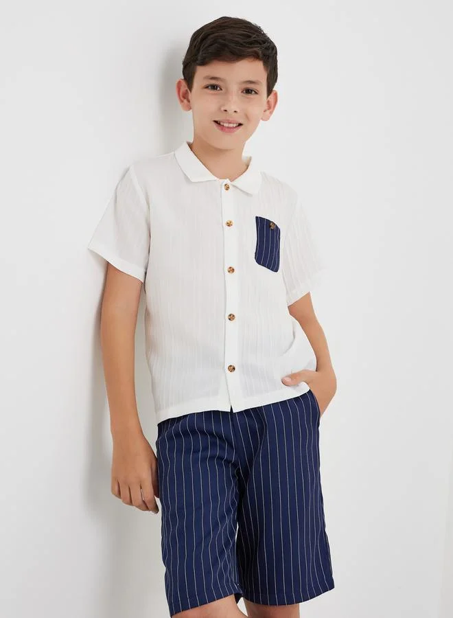 ستايلي Styli Textured Shirt and Striped Shorts Set