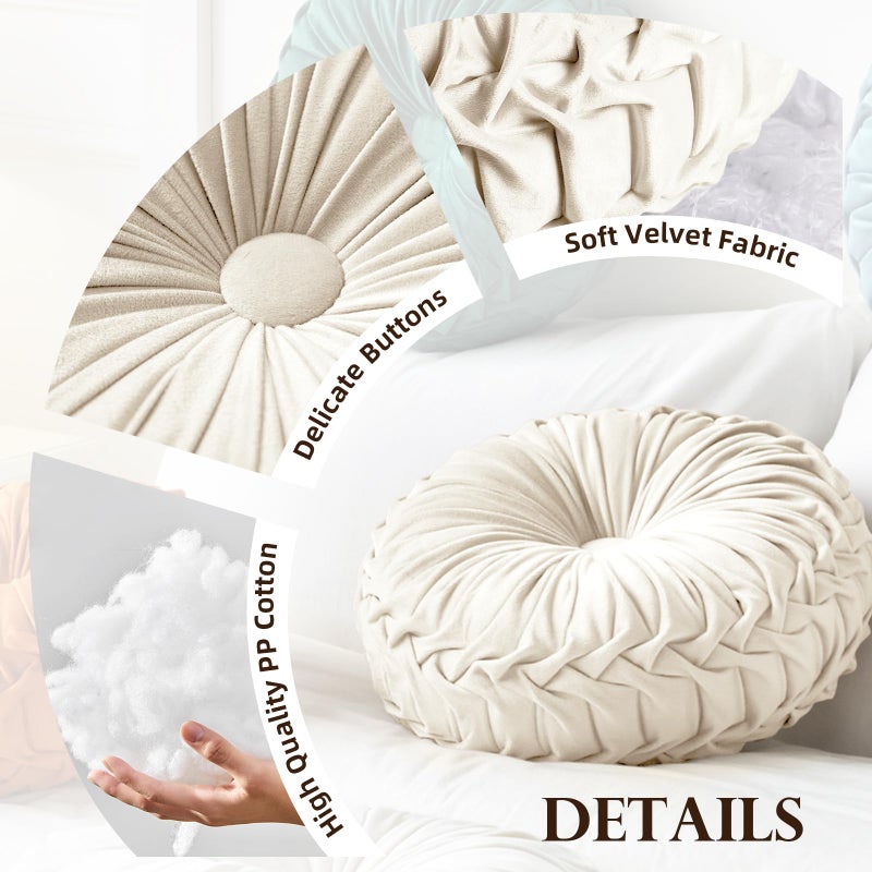 Teieas Round Throw Pillow Velvet Home Decoration Pleated Round Pillow Cushion for Couch Chair Bed Car (Apricot) - Image 5