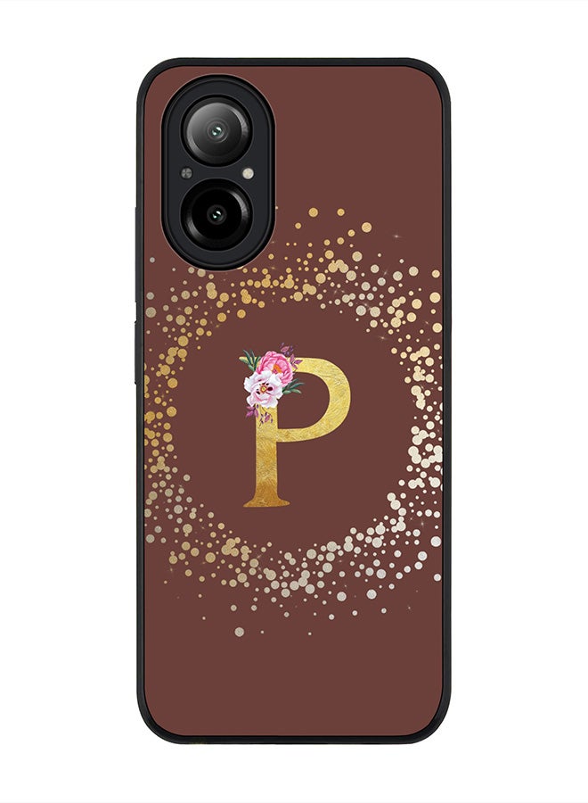 Stylizedd Rugged Black Edge Case for Realme C67 4G, Slim fit Case Thin Cover -  Custom Monogram Initial Letter Floral Pattern Alphabet - P  (Brown ) - Image 1