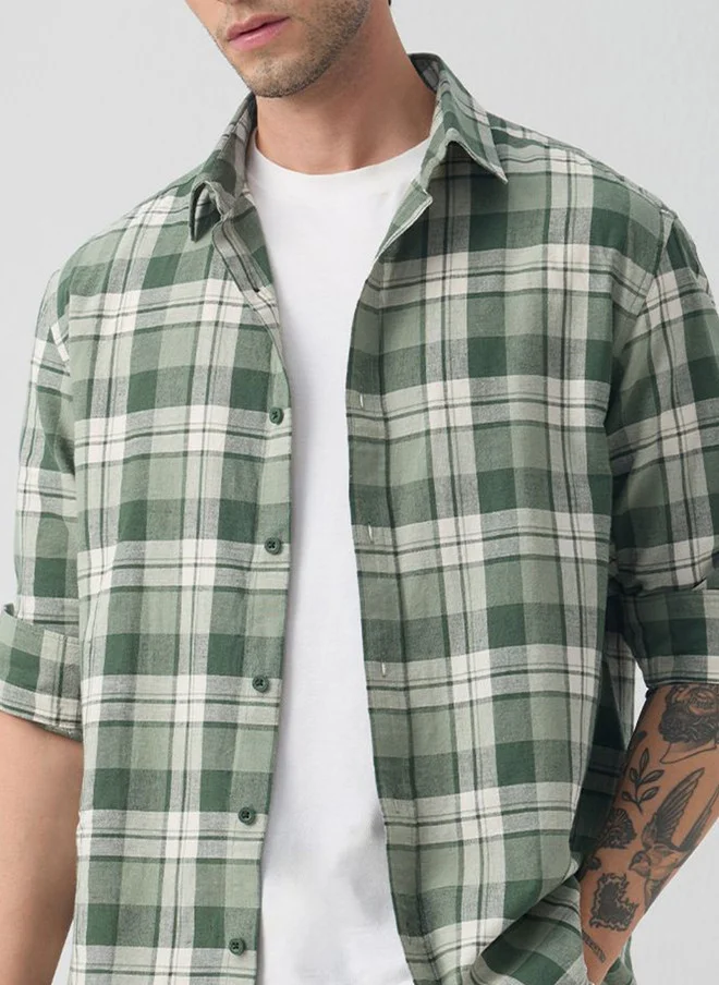 The Souled Store  The Souled Store Matcha Men Spread Collar Checks Cotton Linen Regular Fit Shirt  | Best Price UAE