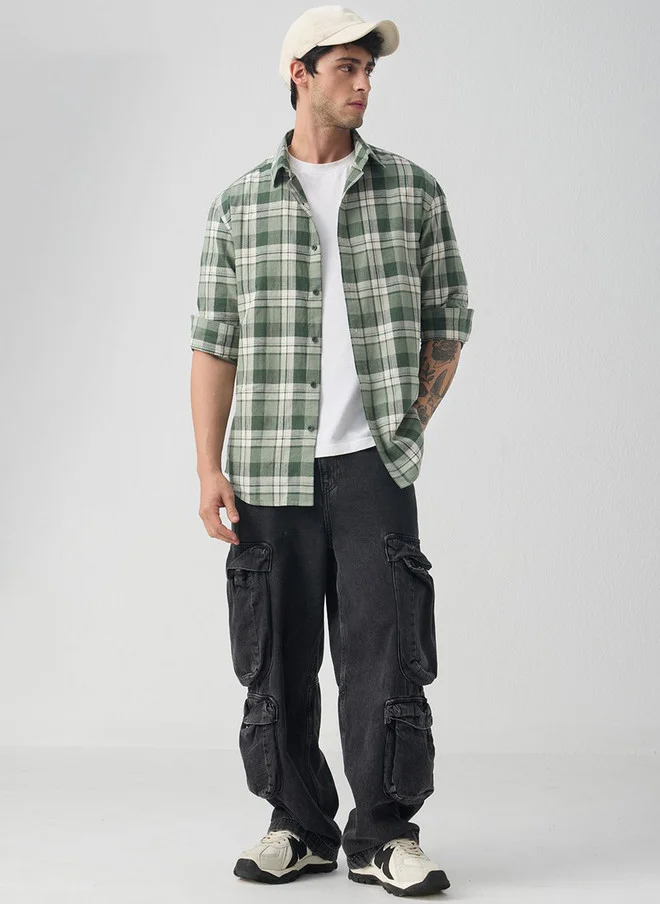 The Souled Store  The Souled Store Matcha Men Spread Collar Checks Cotton Linen Regular Fit Shirt  | Best Price UAE