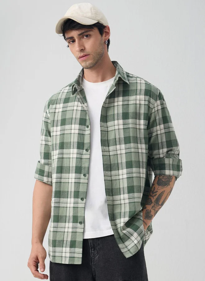 The Souled Store Matcha Men Spread Collar Checks Cotton Linen Regular Fit Shirt
