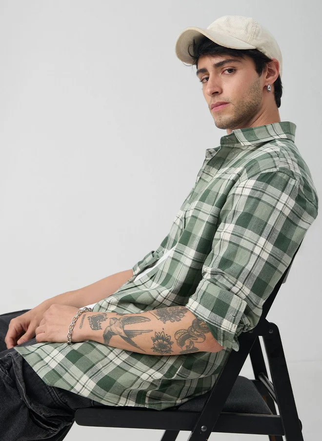 The Souled Store  The Souled Store Matcha Men Spread Collar Checks Cotton Linen Regular Fit Shirt  | Best Price UAE