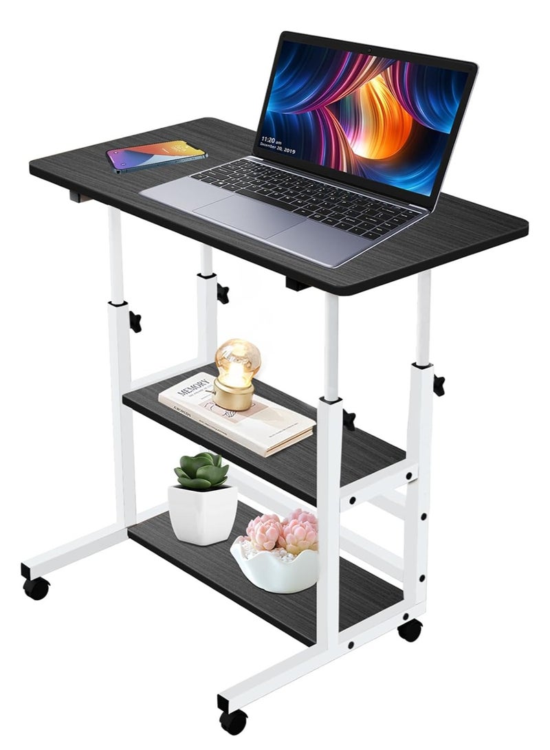 مكتب منزلي، طاولة كمبيوتر محمول قابلة لتعديل الارتفاع مع رف، مكتب كمبيوتر صغير محمول مع عجلة دوارة، طاولة جانبية حديثة لقراءة دراسة العمل، طاولة الدراسة (أسود، 80 * 40 * 60-90 سم) - Image 1