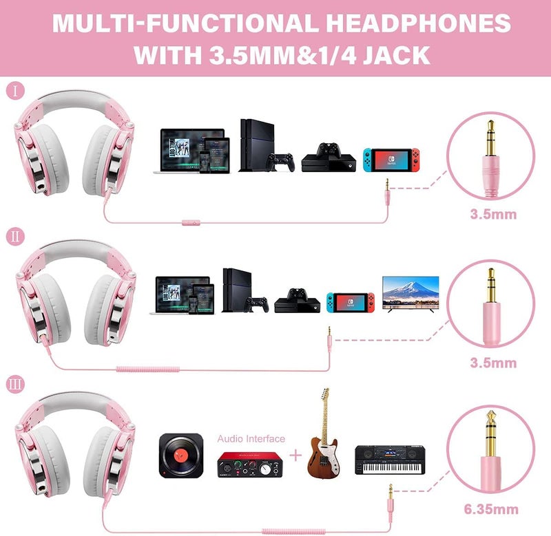 OneOdio Wired Over Ear Headphones Hi-Res Studio Monitor & Mixing DJ Stereo Headsets with 50mm Drivers and 1/4 to 3.5mm Jack for AMP Computer Recording Podcast Keyboard Guitar Laptop - Light Pink - Image 3