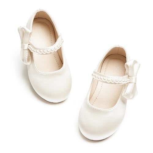 PHIRAMIN Toddler Flower Girl Satin Ivory White Dress Shoes Size 8 Little Girl Pearl Ballet Flats for Wedding - Image 1