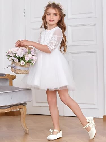 PHIRAMIN Toddler Flower Girl Satin Ivory White Dress Shoes Size 8 Little Girl Pearl Ballet Flats for Wedding - Image 3