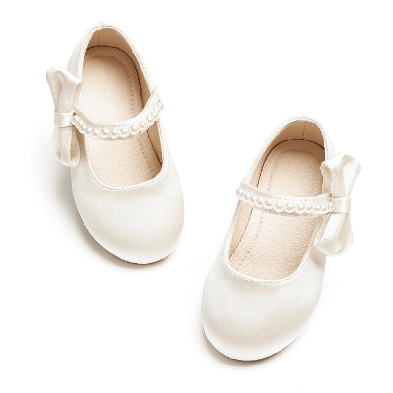 PHIRAMIN Toddler Flower Girl Satin Ivory White Dress Shoes Size 8 Little Girl Pearl Ballet Flats for Wedding - Image 2