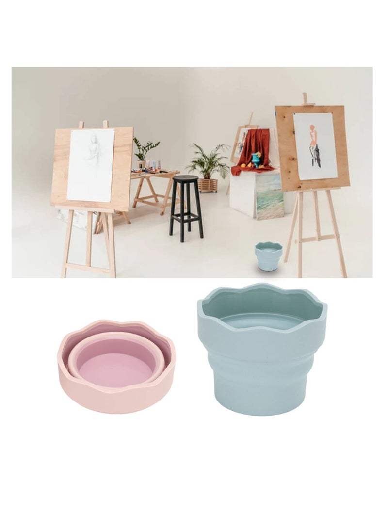 إكسفور 2 Pcs Collapsible Silicone Washing Bucket, Portable Silicone Washing Bucket Brush Holder, Cleaner Painting Washing Bucket, Suitable for Watercolor Oil Painting (Blue, Pink) - Image 2