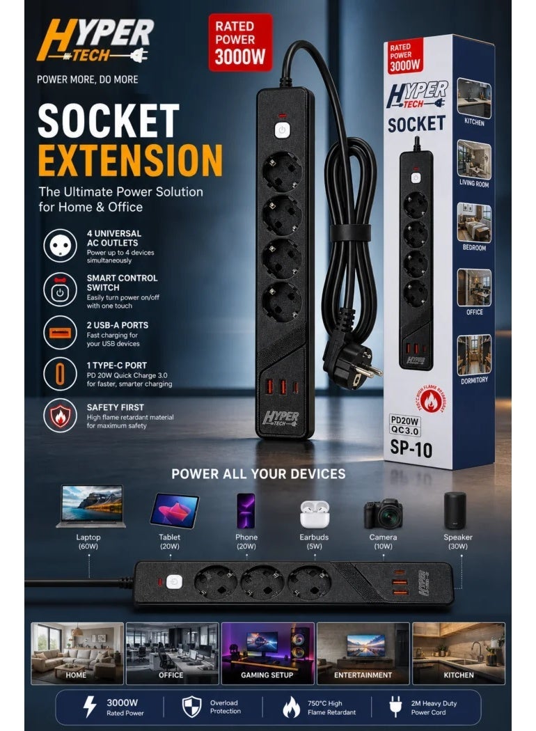 Hypertech SP-10 power strip, 3000 watts - 4 outlets + USB-A and Type-C with control switch - Image 4
