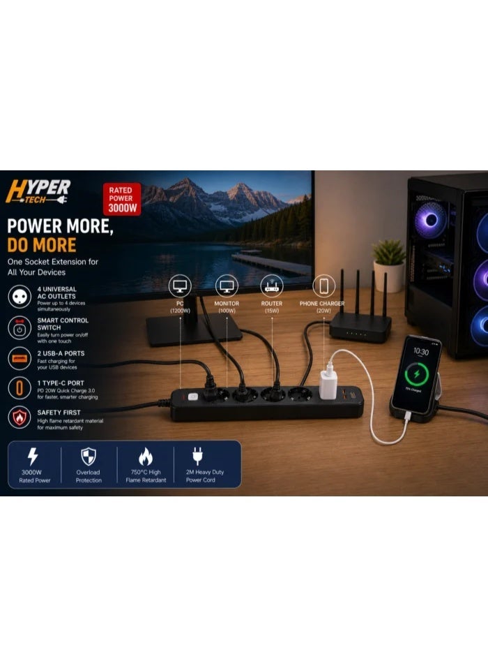 Hypertech SP-10 power strip, 3000 watts - 4 outlets + USB-A and Type-C with control switch - Image 5