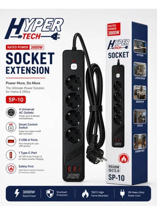 Hypertech SP-10 power strip, 3000 watts - 4 outlets + USB-A and Type-C with control switch - Image 1