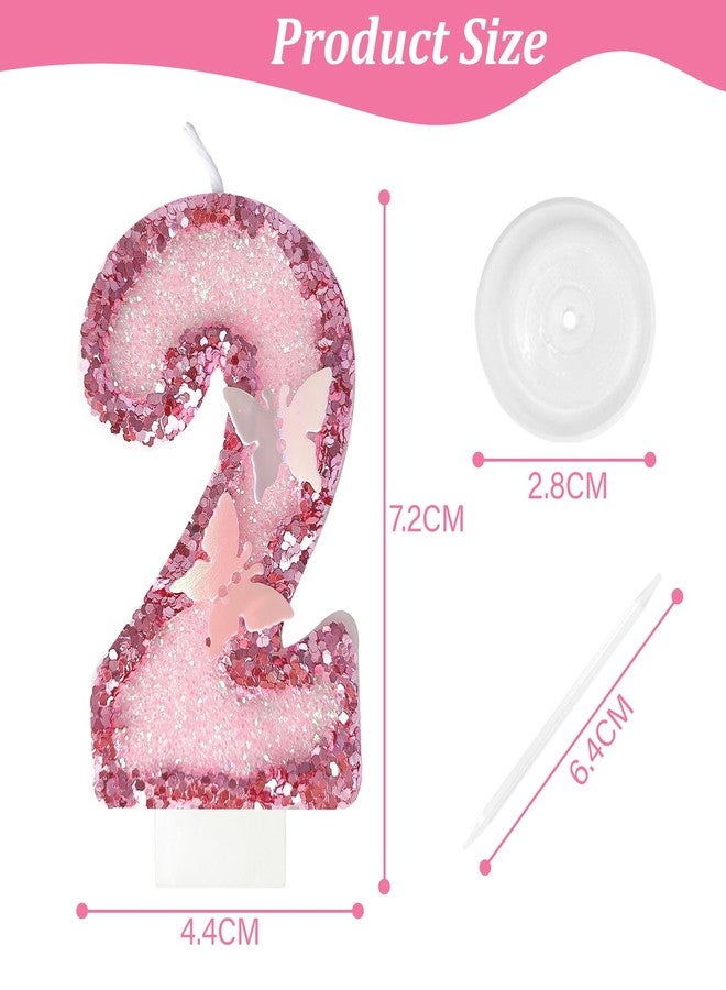 JonesLi 2th Birthday Candles，Glitter Butterfly Cake Toppers Pink Sequins Wedding Numeral Cupcake Decorations，Suitable for Girl and boy Wedding Cakes, Party Celebrations, Birthday Decorations - Image 2