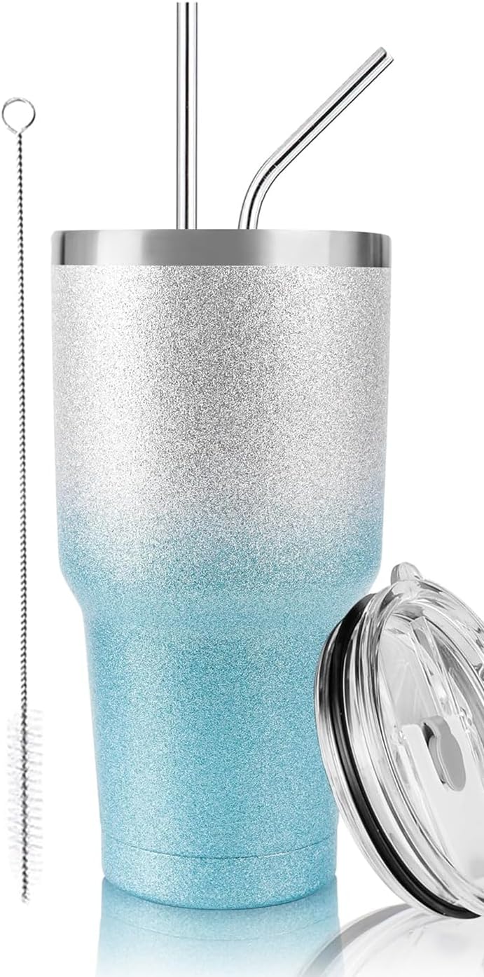 DS 30 oz Tumbler Blue Glitter Gradient Cup Stainless Steel Double Wall Vacuum Insulated Mug with Straw and Lid, Cleaning Brush for Cold and Hot Beverages - Image 1