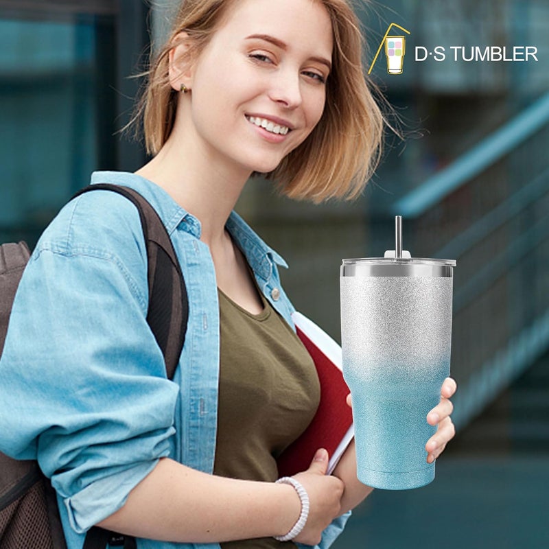 DS 30 oz Tumbler Blue Glitter Gradient Cup Stainless Steel Double Wall Vacuum Insulated Mug with Straw and Lid, Cleaning Brush for Cold and Hot Beverages - Image 5