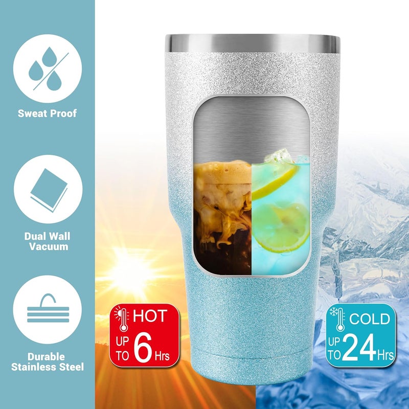 DS 30 oz Tumbler Blue Glitter Gradient Cup Stainless Steel Double Wall Vacuum Insulated Mug with Straw and Lid, Cleaning Brush for Cold and Hot Beverages - Image 4