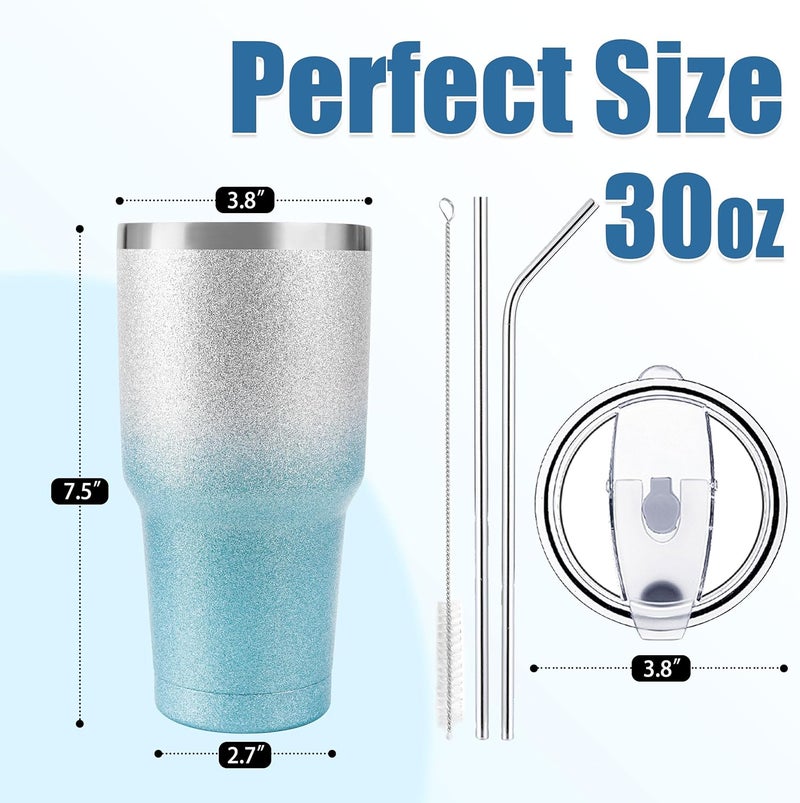 DS 30 oz Tumbler Blue Glitter Gradient Cup Stainless Steel Double Wall Vacuum Insulated Mug with Straw and Lid, Cleaning Brush for Cold and Hot Beverages - Image 2
