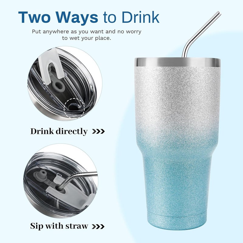 DS 30 oz Tumbler Blue Glitter Gradient Cup Stainless Steel Double Wall Vacuum Insulated Mug with Straw and Lid, Cleaning Brush for Cold and Hot Beverages - Image 3