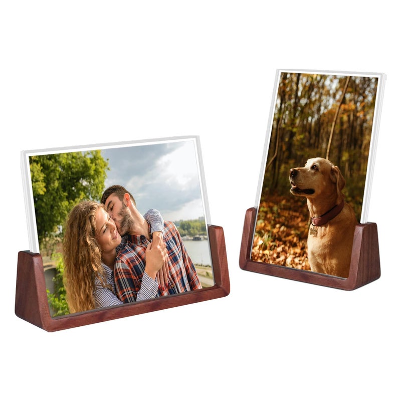 Komimaci 4x6 Picture Frame 2 Pack Rustic Wooden Photo Frame with Walnut Wood Base and High Definition Acrylic Glass Covers for Tabletop or Desktop Display 4x6 inch Horizontal Vertical