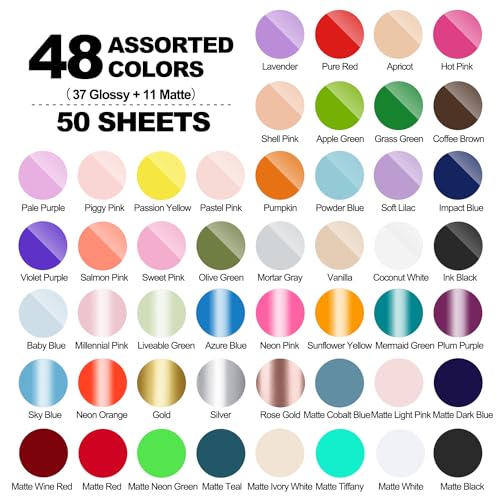 TECKWRAP 50 Pack 12" x 12" Permanent Adhesive Vinyl Sheets 48 Assorted Colors (Glossy & Matte) with 2 Transfer Tape for DIY Crafting, Decor Sticker Compatible with Cutting Machines - Image 3
