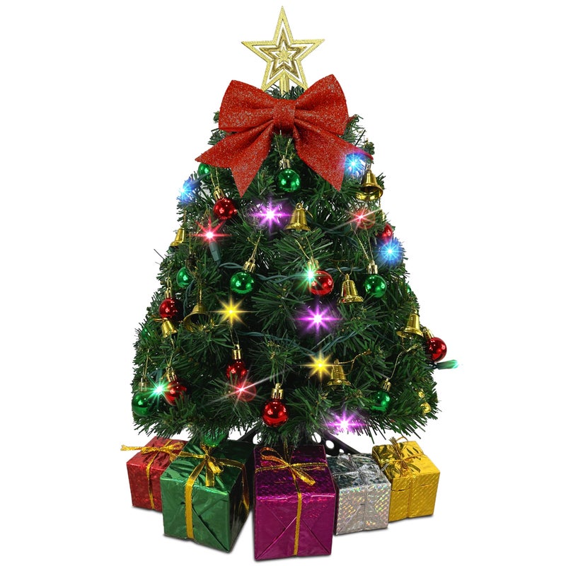 Small Christmas Tree with Lights  23 Inch Mini Tabletop Christmas Tree with MultiColor LED Lights Hanging Ornaments Decorative Bow and Gift Boxes  Prelit Table Tree for DIY Christmas Decoration