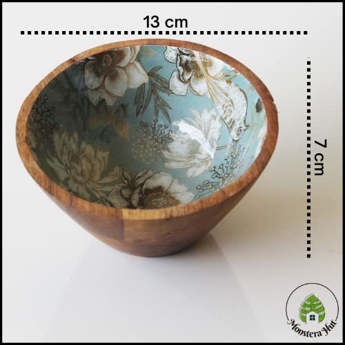 Monstera Hut ® Olive Tropical Bird Printed Mango Wood Bowl | Mango Wood Salad Bowls | Bowls for Cereal Fruit Pasta (Set-2) - Image 3