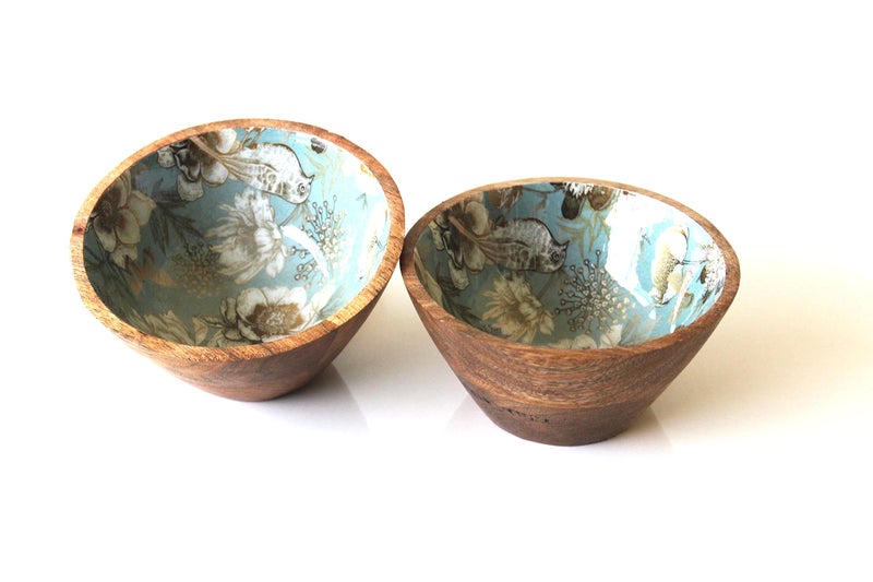 Monstera Hut ® Olive Tropical Bird Printed Mango Wood Bowl | Mango Wood Salad Bowls | Bowls for Cereal Fruit Pasta (Set-2) - Image 1