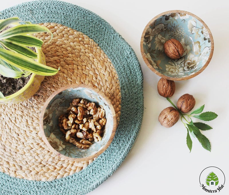 Monstera Hut ® Olive Tropical Bird Printed Mango Wood Bowl | Mango Wood Salad Bowls | Bowls for Cereal Fruit Pasta (Set-2) - Image 4