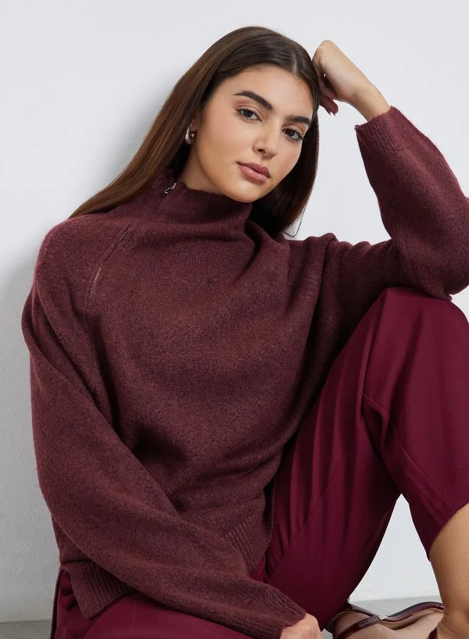 Styli Burgundy Regular Fit Sweater with Zip Detail