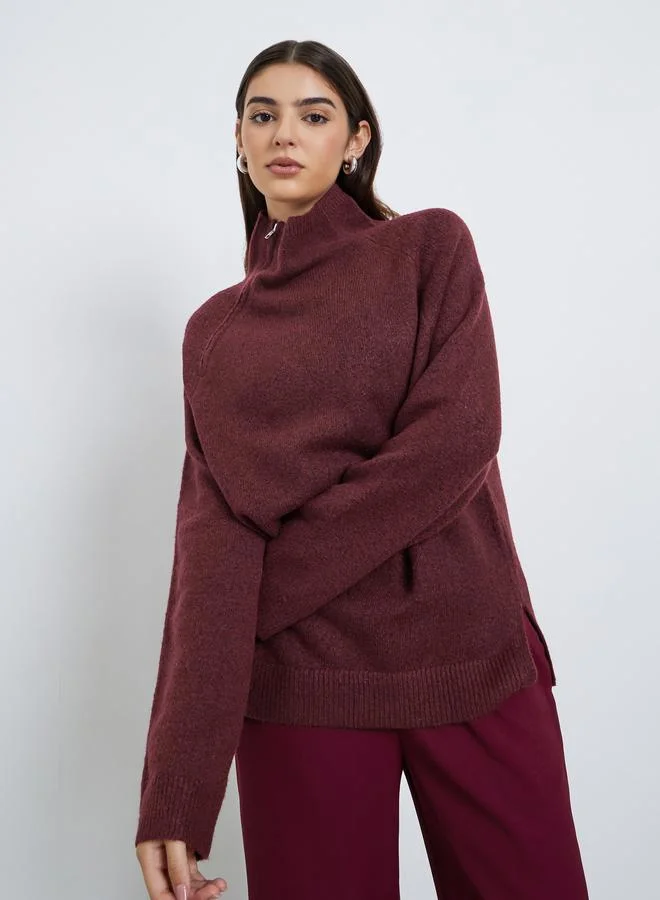 Styli Burgundy Regular Fit Sweater with Zip Detail