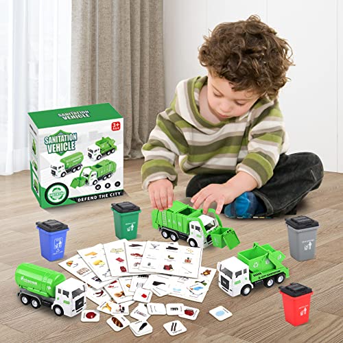 FIVEDAOGANG Garbage Truck Toy, 3 Pack Friction Powered Waste Management Garbage Truck Game with Front Load Dumpster, Back Dump Garbage,4 Trash Bins with 108 pcs Trash Cards, Gift for 3+ Years Old Kids - Image 2