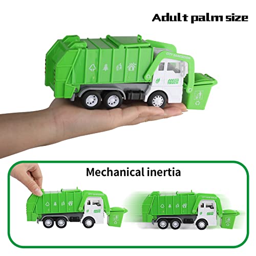 FIVEDAOGANG Garbage Truck Toy, 3 Pack Friction Powered Waste Management Garbage Truck Game with Front Load Dumpster, Back Dump Garbage,4 Trash Bins with 108 pcs Trash Cards, Gift for 3+ Years Old Kids - Image 4
