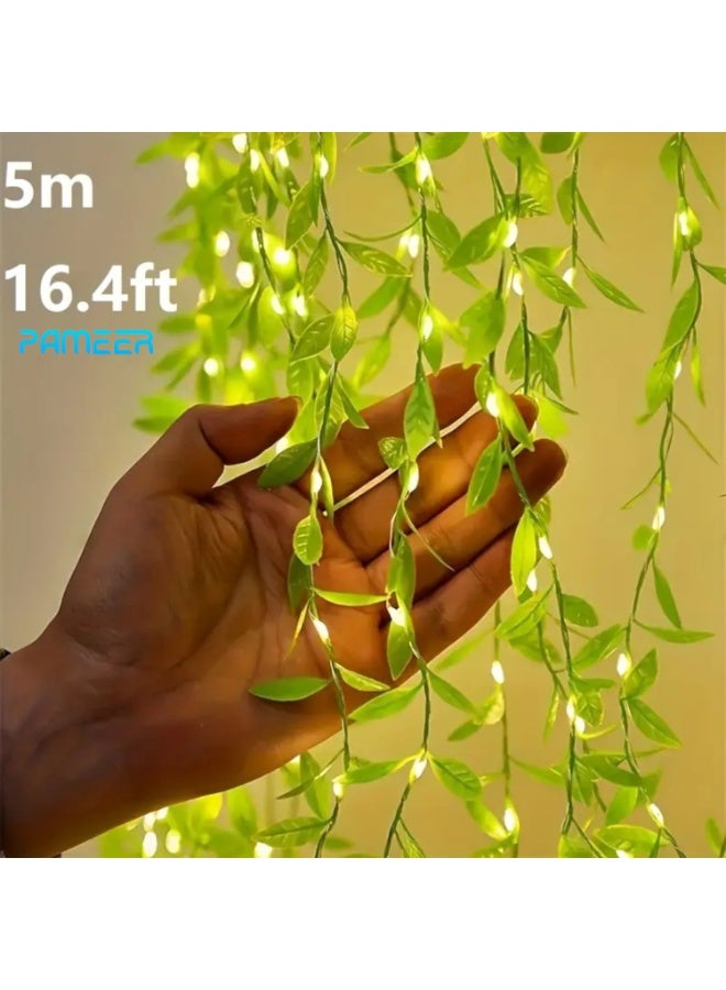 PAMEER 16.4ft Modern LED Willow Vine Fairy Lights - Battery-Powered Green Leaf String Lights with Warm White to Cool Green Glow, Plugless Indoor/Outdoor Decoration for Weddings, Parties, Holidays - Durable Plastic, Button-Controlled (AA Batteries Not Included) - Image 2