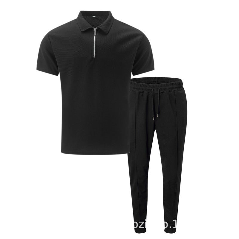 Men's Fall Waffle Knit Polo Short Sleeve Zip-Up Pants Set - Image 4