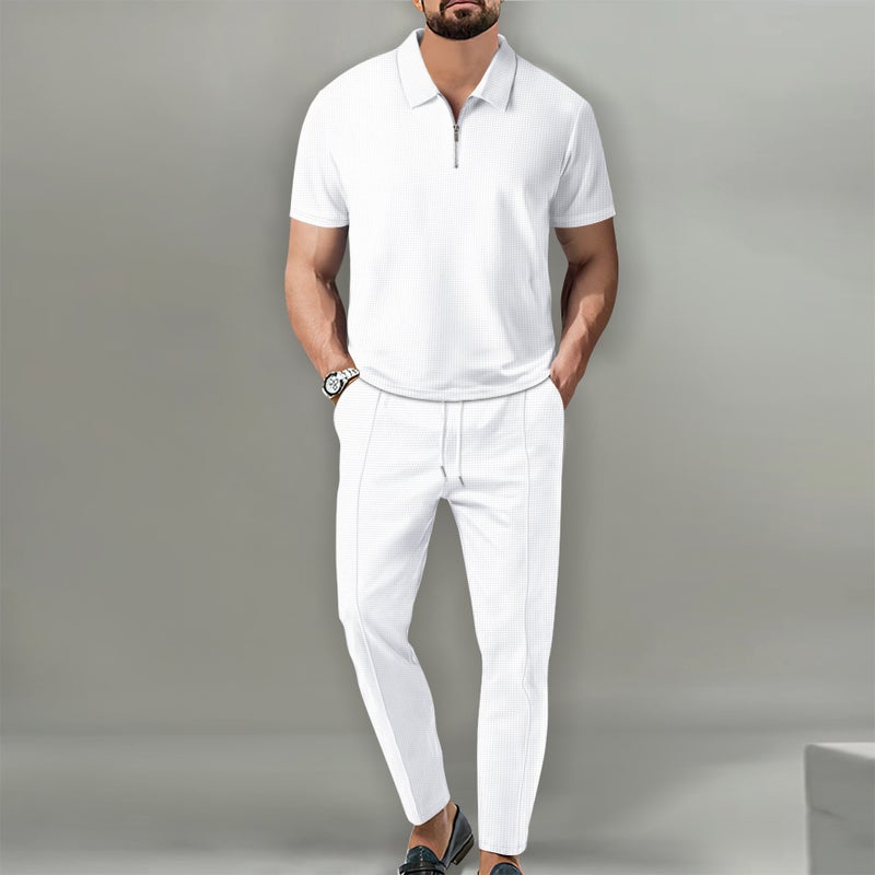 Men's Fall Waffle Knit Polo Short Sleeve Zip-Up Pants Set - Image 2
