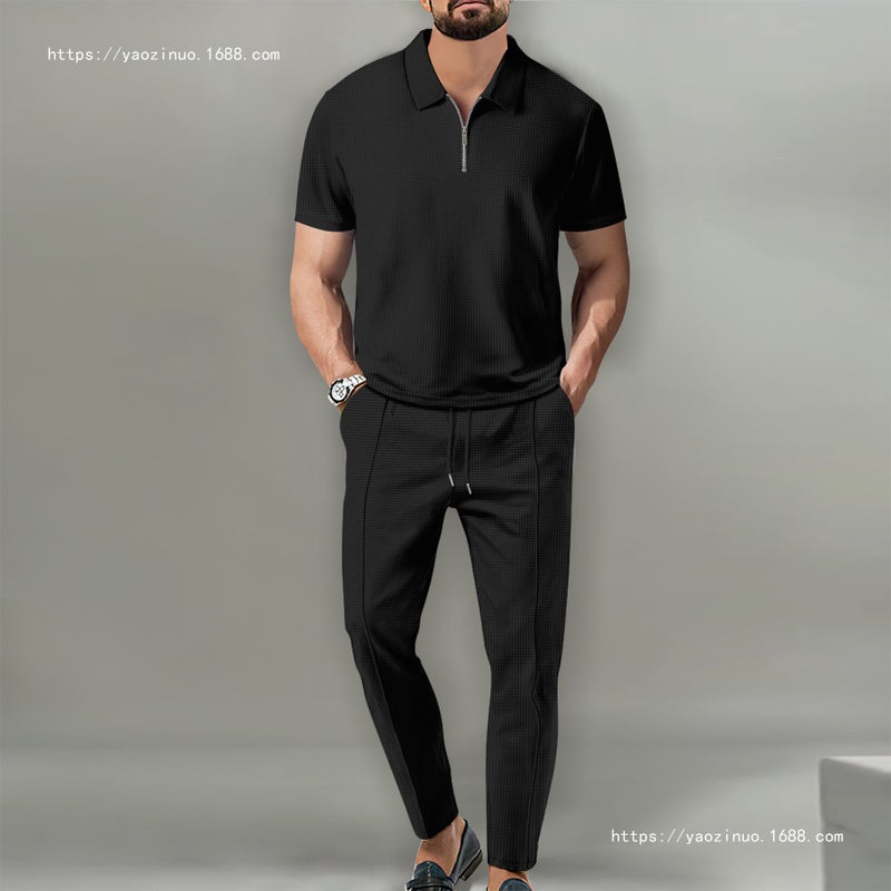 Men's Fall Waffle Knit Polo Short Sleeve Zip-Up Pants Set - Image 1