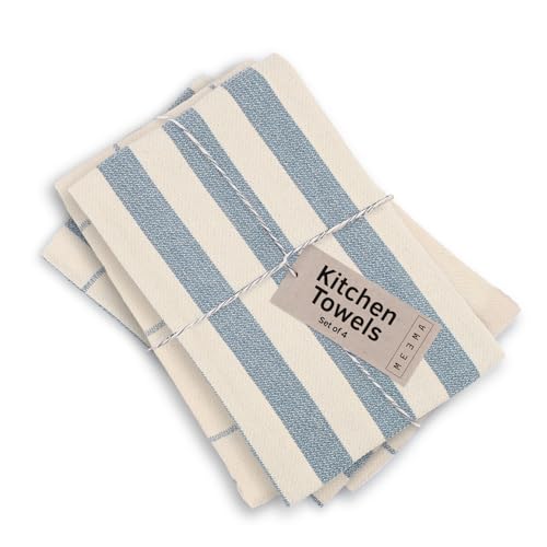 MEEMA Kitchen Towels and Dishcloths Sets of 4 | Large 18 x 28 Inch | Upcycled Cotton Tea Towel | Super Absorbent Cotton Dish Towels for Kitchen | Blue Stripes | Hand Towels - Image 1