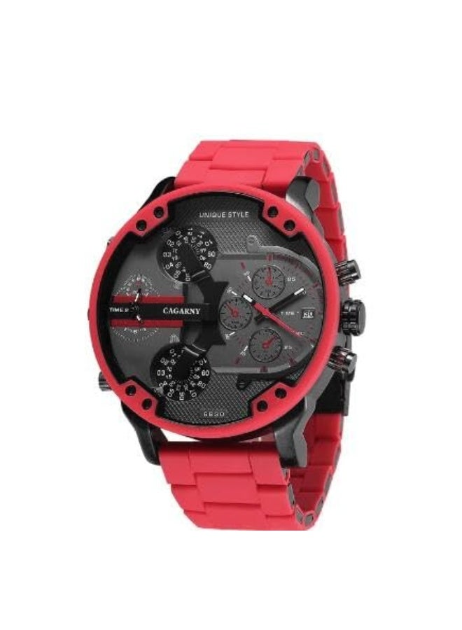 كاجارني ساعة كاجاني الذهبية للرجال ذات المينا الأحمر الكبير والعلامة التجارية الفاخرة وسوار من الفولاذ والكوارتز وساعة يد أوتوماتيكية للرجال مع تاريخ ومنطقة زمنية مزدوجة - Image 1