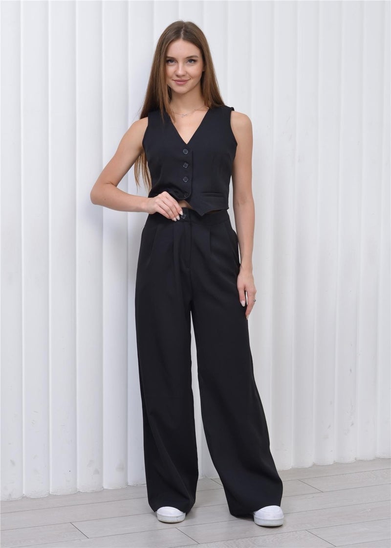 Nuseel Women's Double Fabric Vest-Pants Set Black - Image 3