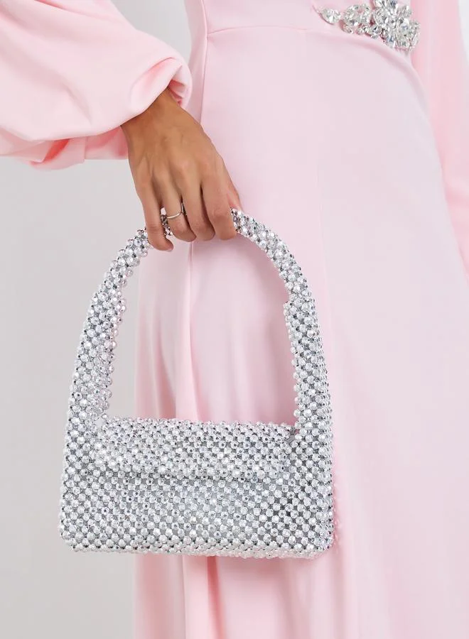 ستايلي Silver Beaded Evening Handbag