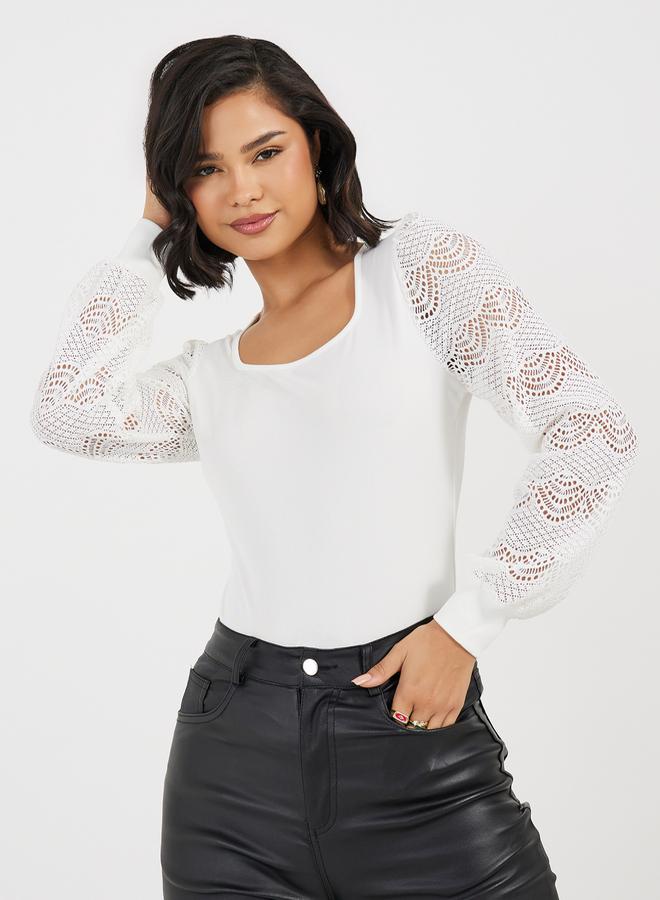 Styli Lace Insert Sleeve Knit Top - Image 1