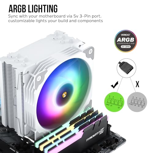 Vetroo V5 CPU Air Cooler with 5 Heat Pipes 120mm FDB PWM Processor Cooling for Intel LGA 1851/1700/1200/115X AMD AM5/AM4, Addressable RGB Lights Sync - White - Image 3