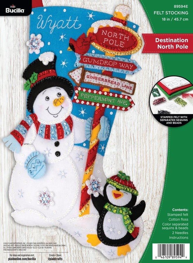 Bucilla, Destination North Pole, Felt Applique 18" Stocking Making Kit, Perfect for Holiday DIY Arts and Crafts, 89594E - Image 1