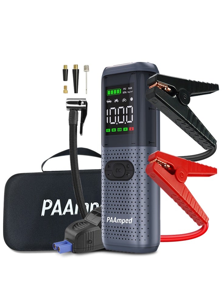 PAAmped 【Premium】Jump Starter with Air Compressor 2500A 12V 150PSI 81.4Wh Car Battery Jump Starter All Gas Car 8.0L Diesel Smart Jumper with Display and Emergency Light 