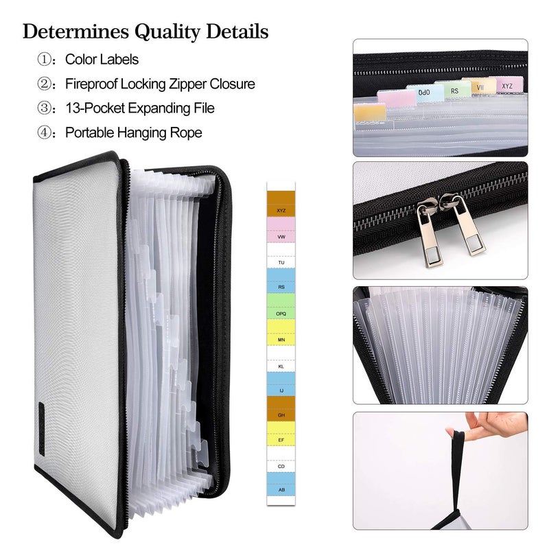 ENGPOW Expanding File Folder Important Document Organizer Fireproof and Waterproof Document Bag with A4 Size 13 Pockets Zipper Closure Non-Itchy Silicone Coated Portable Filing Wallet Pouch(Silver) - Image 4