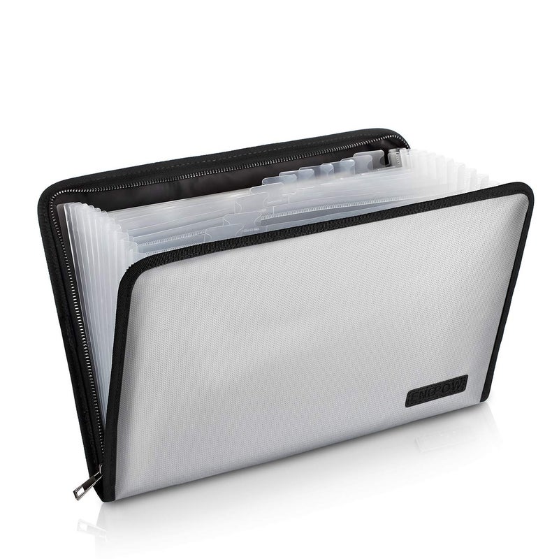 ENGPOW Expanding File Folder Important Document Organizer Fireproof and Waterproof Document Bag with A4 Size 13 Pockets Zipper Closure Non-Itchy Silicone Coated Portable Filing Wallet Pouch(Silver) - Image 1