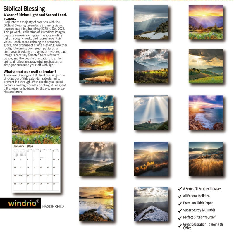 windrio 2026 Wall Calendar,Calendar 2026, November 2025 - December 2026, Wall Calendar Biblical Blessing, 12" x 24" Opened,Full Page Months Thick & Sturdy Paper for Gift Perfect Calendar Organizing & Planning - Image 2