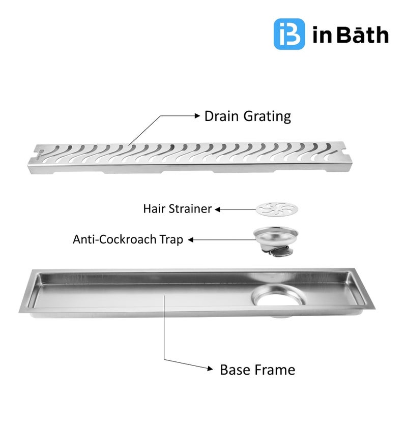 InBāth قناة تصريف دش InBath Wave مع طوق | 12x4 بوصة | مصفاة دش | تصريف أرضي | ستانلس ستيل 304 درجة | نوع ثقب جانبي - Image 3