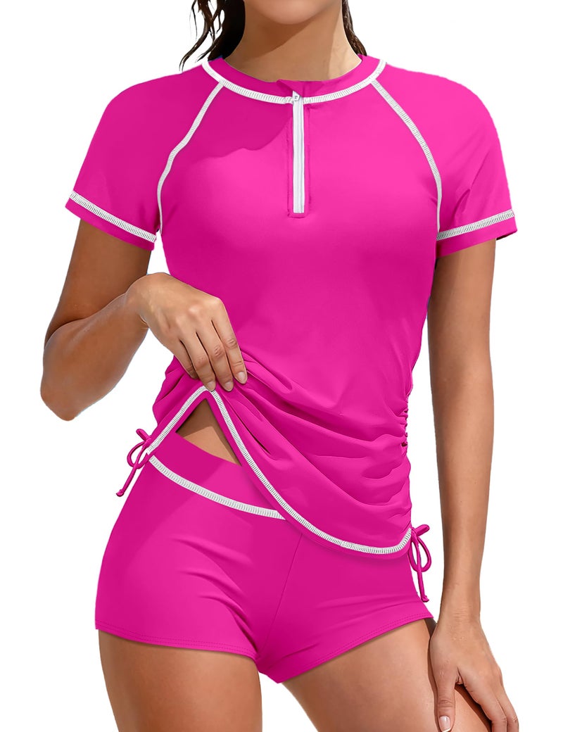 TyeSmo Girls Swimsuits Rash Guard Swimsuit 2 Piece Teen Swimsuits for Girls 12-14 Short Sleeve Solid Color Teen Bathing Suits for Girl 12-14 UPF 50+ Sun Protection Padded Zip Swimwear with Shorts - Image 1