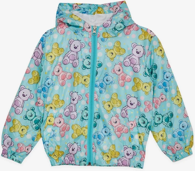 Breeze Girl's Raincoat with Cute Teddy Bear Pattern, Age 1-5, Water Green